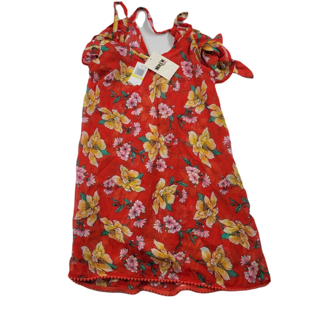 Miken‎ Dress Swim Cover-up Womens Medium Cold-Shoulder Poppy Red Citrus NEW